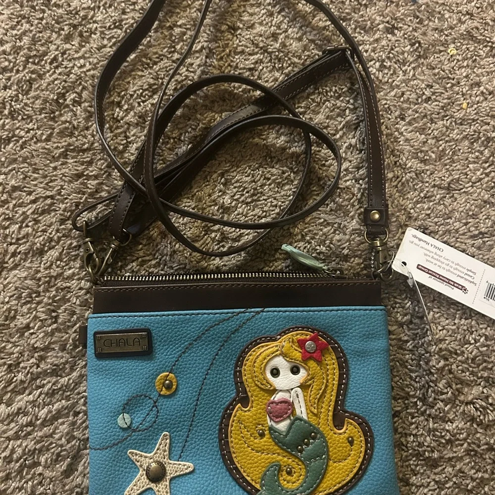 Chala Light Blue Mermaid small Crossbody Bag with Brown Trim